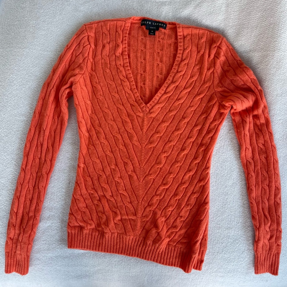 Ralph Lauren Black Label Cashmere V Neck Cable Knit Sweater in Orange